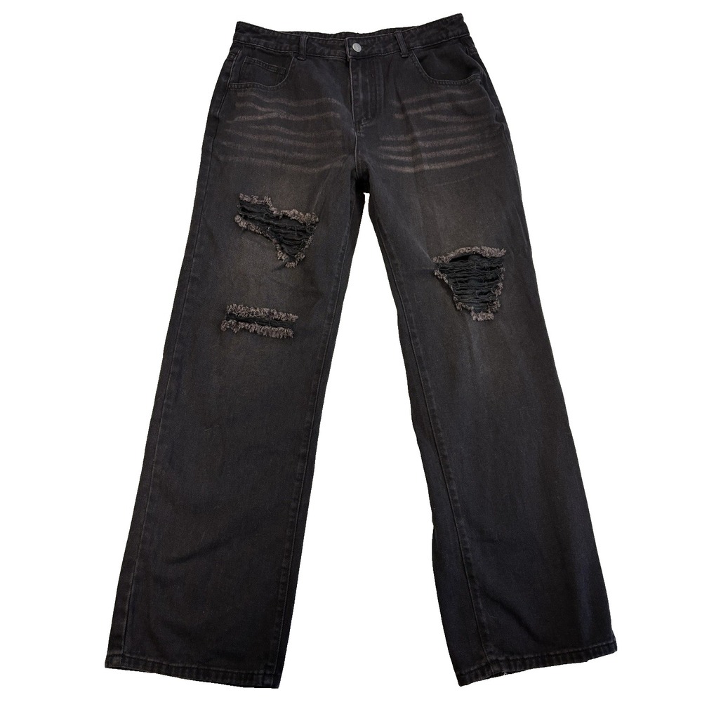 Women's XL Rocker Baddie Sexy Grunge Distressed Ripped Black‎ Wide Leg Jeans